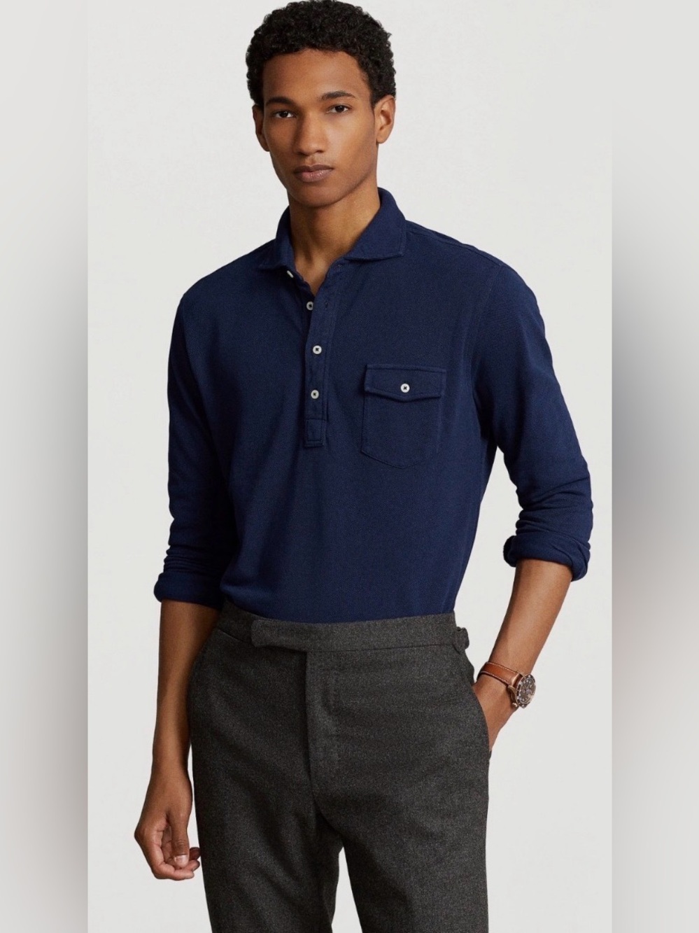 Polo Ralph Lauren NAVY BLUE Mesh Knit Classic Fit Long Sleeve Collared Shirt